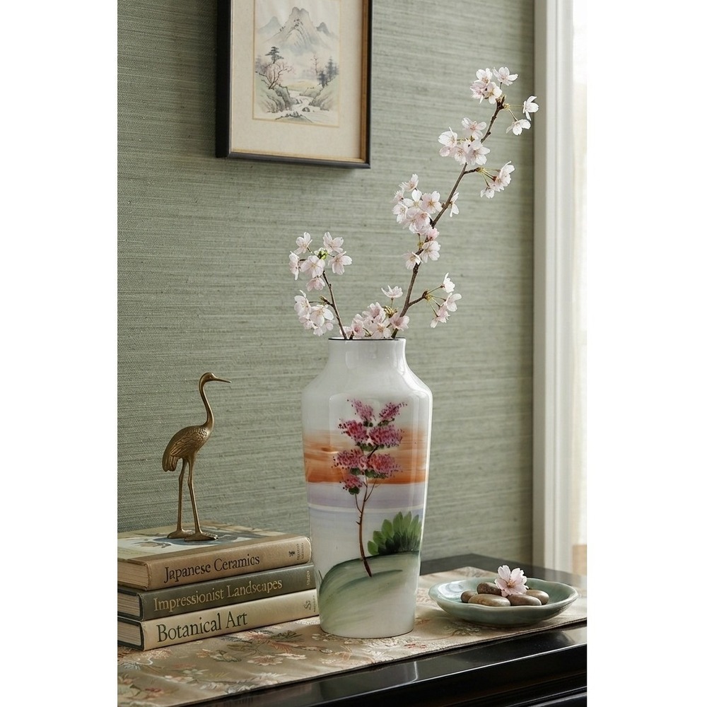 Meito China Hand Painted Japanese Landscape Cherry Blossom Bud Vase 6.5"